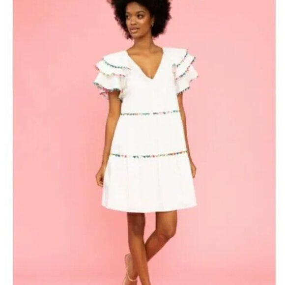Crosby by Mollie Burch Holden White Tiered Mini Dress Rainbow Scalloped 8/10 - Picture 4 of 16
